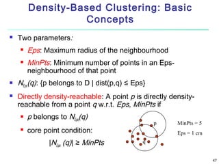 Density-Based Clustering: Basic
Concepts


Two parameters:






Eps: Maximum radius of the neighbourhood
MinPts: Minimum number of points in an Epsneighbourhood of that point

NEps(q): {p belongs to D | dist(p,q) ≤ Eps}
Directly density-reachable: A point p is directly densityreachable from a point q w.r.t. Eps, MinPts if



p belongs to NEps(q)

p

core point condition:
|NEps (q)| ≥ MinPts

MinPts = 5
Eps = 1 cm

q
47

 