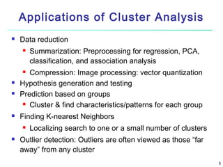 Applications of Cluster Analysis


Data reduction


Summarization: Preprocessing for regression, PCA,
classification, and association analysis

Compression: Image processing: vector quantization
Hypothesis generation and testing
Prediction based on groups
 Cluster & find characteristics/patterns for each group







Finding K-nearest Neighbors




Localizing search to one or a small number of clusters

Outlier detection: Outliers are often viewed as those “far
away” from any cluster
5

 