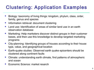 Clustering: Application Examples















Biology: taxonomy of living things: kingdom, phylum, class, order,
family, genus and species
Information retrieval: document clustering
Land use: Identification of areas of similar land use in an earth
observation database
Marketing: Help marketers discover distinct groups in their customer
bases, and then use this knowledge to develop targeted marketing
programs
City-planning: Identifying groups of houses according to their house
type, value, and geographical location
Earth-quake studies: Observed earth quake epicenters should be
clustered along continent faults
Climate: understanding earth climate, find patterns of atmospheric
and ocean
Economic Science: market resarch
6

 