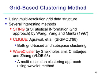 Grid-Based Clustering Method



Using multi-resolution grid data structure
Several interesting methods
 STING (a STatistical INformation Grid
approach) by Wang, Yang and Muntz (1997)


CLIQUE: Agrawal, et al. (SIGMOD’98)




Both grid-based and subspace clustering

WaveCluster by Sheikholeslami, Chatterjee,
and Zhang (VLDB’98)


A multi-resolution clustering approach
using wavelet method
62

 