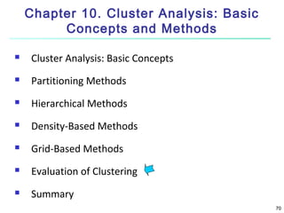 Chapter 10. Cluster Analysis: Basic
Concepts and Methods


Cluster Analysis: Basic Concepts



Partitioning Methods



Hierarchical Methods



Density-Based Methods



Grid-Based Methods



Evaluation of Clustering



Summary
70

 