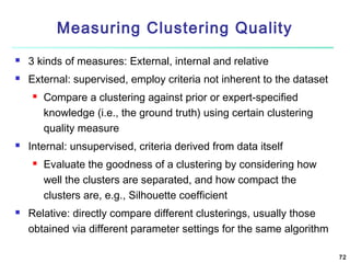 Measuring Clustering Quality


3 kinds of measures: External, internal and relative



External: supervised, employ criteria not inherent to the dataset




Internal: unsupervised, criteria derived from data itself




Compare a clustering against prior or expert-specified
knowledge (i.e., the ground truth) using certain clustering
quality measure
Evaluate the goodness of a clustering by considering how
well the clusters are separated, and how compact the
clusters are, e.g., Silhouette coefficient

Relative: directly compare different clusterings, usually those
obtained via different parameter settings for the same algorithm
72

 