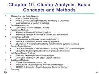 Chapter 10. Cluster Analysis: Basic
Concepts and Methods


Cluster Analysis: Basic Concepts
What Is Cluster Analysis?

What is Good Clustering? Measuring the Quality of Clustering

Major categories of clustering methods
Clustering structures

Calculating Distance between Clusters
Partitioning Methods

k-Means: A Classical Partitioning Method

Alternative Methods: k-Medoids, k-Median, and its Variations
Hierarchical Methods

Agglomerative and Divisive Hierarchical Clustering

BIRCH: A Hierarchical, Micro-Clustering Approach

Chameleon: A Hierarchical Clustering Algorithm Using Dynamic Modeling
Density-Based Methods

DBSCAN and OPTICS: Density-Based Clustering Based on Connected Regions

DENCLUE: Clustering Based on Density Distribution Functions
Link-Based Cluster Analysis

SimRank: Exploring Links in Cluster Analysis

LinkClus: Scalability in Link-Based Cluster Analysis
Grid-Based Methods

STING: STatistical INformation Grid

WaveCluster: Clustering Using Wavelet Transformation

CLIQUE: A Dimension-Growth Subspace Clustering Method
Summary
















85

85

 