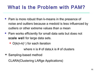 What Is the Problem with PAM?




Pam is more robust than k-means in the presence of
noise and outliers because a medoid is less influenced by
outliers or other extreme values than a mean
Pam works efficiently for small data sets but does not
scale well for large data sets.


O(k(n-k)2 ) for each iteration
where n is # of data,k is # of clusters



Sampling-based method
CLARA(Clustering LARge Applications)
90

 