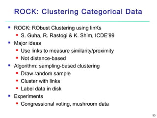 ROCK: Clustering Categorical Data








ROCK: RObust Clustering using linKs
 S. Guha, R. Rastogi & K. Shim, ICDE’99
Major ideas
 Use links to measure similarity/proximity
 Not distance-based
Algorithm: sampling-based clustering
 Draw random sample
 Cluster with links
 Label data in disk
Experiments
 Congressional voting, mushroom data
93

 
