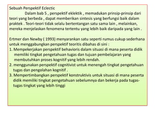 Sebuah Perspektif Eclectic
Dalam bab 5 , perspektif eklektik , memadukan prinsip-prinsip dari
teori yang berbeda , dapat memberikan sintesis yang berfungsi baik dalam
praktek . Teori-teori tidak selalu bertentangan satu sama lain , melainkan,
mereka menjelaskan fenomena tertentu yang lebih baik daripada yang lain .

Ertmer dan Newby ( 1993) menyarankan satu seperti rumus cukup sederhana
untuk menggabungkan perspektif teoritis dibahas di sini :
1. Mempekerjakan perspektif behavioris dalam situasi di mana peserta didik
memiliki tingkat pengetahuan tugas dan tujuan pembelajaran yang
membutuhkan proses kognitif yang lebih rendah.
2. menggunakan perspektif cognitivist untuk menengah tingkat pengetahuan
tugas dan pengolahan kognitif .
3. Mempertimbangkan perspektif konstruktivis untuk situasi di mana peserta
didik memiliki tingkat pengetahuan sebelumnya dan bekerja pada tugastugas tingkat yang lebih tinggi

 