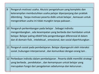 9

Pengaruh motivasi usaha. Akuisisi pengetahuan yang kompleks dan
keterampilan membutuhkan usaha pelajar diperpanjang dan praktek
dibimbing . Tanpa motivasi peserta didik untuk belajar , kemauan untuk
mengerahkan usaha ini tidak mungkin tanpa paksaan .

10 Pengaruh perkembangan pada belajar . Sebagai individu
mengembangkan , ada kesempatan yang berbeda dan hambatan untuk
belajar. Belajar paling efektif bila pengembangan diferensial di dalam
dan di domain fisik , intelektual , emosional, dan sosial diperhitungkan .
11 Pengaruh sosial pada pembelajaran. Belajar dipengaruhi oleh interaksi
sosial ,hubungan interpersonal , dan komunikasi dengan orang lain .
12 Perbedaan individu dalam pembelajaran . Peserta didik memiliki strategi
yang berbeda , pendekatan , dan kemampuan untuk belajar yang
merupakan fungsi dari pengalaman sebelumnya dan keturunan .

 