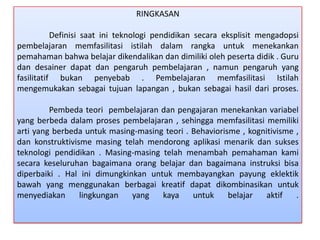 RINGKASAN

Definisi saat ini teknologi pendidikan secara eksplisit mengadopsi
pembelajaran memfasilitasi istilah dalam rangka untuk menekankan
pemahaman bahwa belajar dikendalikan dan dimiliki oleh peserta didik . Guru
dan desainer dapat dan pengaruh pembelajaran , namun pengaruh yang
fasilitatif bukan penyebab . Pembelajaran memfasilitasi Istilah
mengemukakan sebagai tujuan lapangan , bukan sebagai hasil dari proses.
Pembeda teori pembelajaran dan pengajaran menekankan variabel
yang berbeda dalam proses pembelajaran , sehingga memfasilitasi memiliki
arti yang berbeda untuk masing-masing teori . Behaviorisme , kognitivisme ,
dan konstruktivisme masing telah mendorong aplikasi menarik dan sukses
teknologi pendidikan . Masing-masing telah menambah pemahaman kami
secara keseluruhan bagaimana orang belajar dan bagaimana instruksi bisa
diperbaiki . Hal ini dimungkinkan untuk membayangkan payung eklektik
bawah yang menggunakan berbagai kreatif dapat dikombinasikan untuk
menyediakan
lingkungan
yang
kaya
untuk
belajar
aktif
.

 