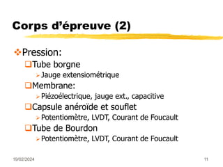 19/02/2024 11
Corps d’épreuve (2)
Pression:
Tube borgne
Jauge extensiométrique
Membrane:
Piézoélectrique, jauge ext., capacitive
Capsule anéroïde et souflet
Potentiomètre, LVDT, Courant de Foucault
Tube de Bourdon
Potentiomètre, LVDT, Courant de Foucault
 