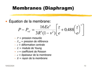19/02/2024 13
Membranes (Diaphragm)
• Équation de la membrane:
• P = pression mesurée
• Pref = pression de référence
• z = déformation centrale
• E = module de Young
  = coefficient de Poisson
• e = épaisseur de la membrane
• R = rayon de la membrane
P P
Ee
R
z
e
z
e
ref
 

 

 








16
3 1
0 488
4
4 2
3
( )
.

 