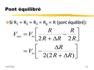 19/02/2024 25
Pont équilibré
Si R1 = R2 = R3 = Rg = R (pont équilibré):
V V
R
R R
R
R
V
R
R R
out in
in









 







2 2
2 2



( )
 