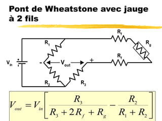 19/02/2024 29
Pont de Wheatstone avec jauge
à 2 fils
V V
R
R R R
R
R R
out in
f g

 








3
3
2
1 2
2
Vin
R2
R1
R3
Vout
Rg
Rf
Rf
+
-
 