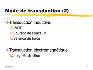 19/02/2024 3
Mode de transduction (2)
Transduction inductive:
LVDT
Courant de Foucault
Balance de force
Transduction électromagnétique
magnétostriction
 