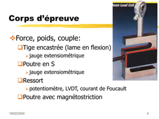 19/02/2024 4
Corps d’épreuve
Force, poids, couple:
Tige encastrée (lame en flexion)
jauge extensiométrique
Poutre en S
jauge extensiométrique
Ressort
potentiomètre, LVDT, courant de Foucault
Poutre avec magnétostriction
 