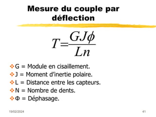 19/02/2024 41
Mesure du couple par
déflection
Ln
GJ
T


G = Module en cisaillement.
J = Moment d’inertie polaire.
L = Distance entre les capteurs.
N = Nombre de dents.
Φ = Déphasage.
 