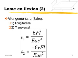 19/02/2024 8
Lame en flexion (2)
Allongements unitaires
1) Longitudinal
2) Transversal



1 2
2 2
6
6



Fl
Eae
Fl
Eae
F
L
l
 