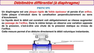 Un diaphragme est une plaque rigide de faible épaisseur et percée d’un orifice.
Cette plaque s’introduit dans la canalisation perpendiculairement au sens
d’écoulement.
Le liquide dont le débit est constant voit obligatoirement sa vitesse augmenter
au passage de l’orifice. Dans le même temps on observe une variation opposée
de la pression, c'est-à-dire une chute de la pression statique au niveau de
l’orifice.
Cette mesure permet d’en déduire directement le débit volumique instantanée.
PRINCIPE
Débitmètre différentiel (à diaphragme)
 
