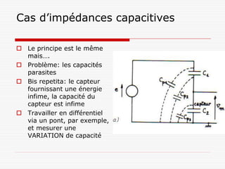 Cas d’impédances capacitives

 Le principe est le même
  mais….
 Problème: les capacités
  parasites
 Bis repetita: le capteur
  fournissant une énergie
  infime, la capacité du
  capteur est infime
 Travailler en différentiel
  via un pont, par exemple,
  et mesurer une
  VARIATION de capacité
 