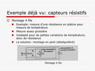 Exemple déjà vu: capteurs résistifs
 Montage 4 fils
    Exemple: mesure d’une résistance en platine pour
     mesure de température
    Mesure assez grossière
    Inadapté pour de petites variations de température,
     donc de résistance
    La solution: montage en pont (déséquilibré)




                          Montage 4 fils
 