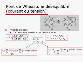 Pont de Wheastone déséquilibré
    (courant ou tension)



        Principe du pont
              De une à quatre résistances peuvent varier
                R2 R3  R1R4                                    R2 R3  R1R4
     vm                           Ea                  vm                      Ia
            ( R1  R2 )( R3  R4 )      Ri  R0               R1  R2  R3  R4
                                        R2  R0  R



     R          Ea R Ea                                             1    Ia     I
vm 
           1
                         mais pas toujours              vm  R               R a mais pas toujours
                                                                       R 4        4
     R0 1  R 4     R0 4                                          1
            2 R0                                                      4 R0
 