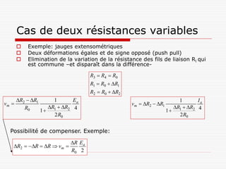 Cas de deux résistances variables
          Exemple: jauges extensométriques
          Deux déformations égales et de signe opposé (push pull)
          Elimination de la variation de la résistance des fils de liaison Rl qui
           est commune –et disparaît dans la différence-

                                    R3  R4  R0
                                    R1  R0  R1
                                    R2  R0  R2
       R2  R1     1      Ea                                           1      Ia
vm                                                 vm  R2  R1
          R0       R  R2 4                                          R  R2 4
                 1 1                                                1 1
                     2 R0                                                2 R0


  Possibilité de compenser. Exemple:

                            R Ea
   R2  R  R  vm 
                            R0 2
 