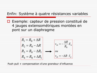 Enfin: Système à quatre résistances variables

 Exemple: capteur de pression constitué de
  4 jauges extensométriques montées en
  pont sur un diaphragme

          R1  R0  R
                                              R
                                     vm        Ea
          R2  R0  R                        R0
          R3  R0  R1              ou
          R4  R0  R1              vm   R  I a

Push pull + compensation d’une grandeur d’influence
 