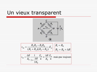 Un vieux transparent




                R2 R3  R1R4            Ri  R0
     vm                           Ea
            ( R1  R2 )( R3  R4 )      R2  R0  R

            R    1     Ea R Ea
     vm                        mais pas toujours
            R0 1  R 4     R0 4
                   2 R0
 