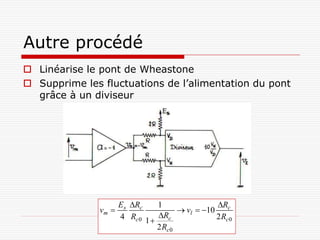 Autre procédé
 Linéarise le pont de Wheastone
 Supprime les fluctuations de l’alimentation du pont
  grâce à un diviseur




                      Es Rc     1                 Rc
               vm                       vl  10
                      4 Rc 0 1  Rc               2 Rc 0
                                 2 Rc 0
 