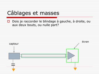 Câblages et masses
 Dois je raccorder le blindage à gauche, à droite, ou
  aux deux bouts, ou nulle part?




                                                écran
 capteur
 