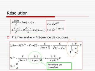 Résolution
    ds(t )
              Bs (t )  e(t )
                                             e  Ee jt
  A
     dt

  A
    d 2 s (t )
         2
               B
                   ds(t )
                           Cs(t )  e(t )   s  Se j (t  )
      dt              dt
 Premier ordre – Fréquence de coupure

                                        E               E             1/ B
 ( jA  B ) Se j  E  S                                                E
                                    jA  B         B 2  A2 2         2
                                                                      1 2
                                                                        c
   j         E    1/ B           1/ B
 Se                       E            E
        jA  B 1  jA / B    1  pA / B
      B                        Fonction de
 c 
      A                        transfert
 