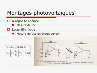Montages photovoltaïques
  A réponse linéaire
        Mesure de Icc
  Logarithmique
        Mesure de Vco en circuit ouvert



v0  Rm I cc (linéaire)
      R 
v0  1  2  Vco    (log)
      R1 
 