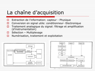 La chaîne d’acquisition
   Extraction de l’information: capteur - Physique
   Conversion en signal utile: conditionneur- Electronique
   Traitement analogique du signal: filtrage et amplification
    (d’instrumentation)
   Sélection – Multiplexage
   Numérisation, traitement et exploitation
 