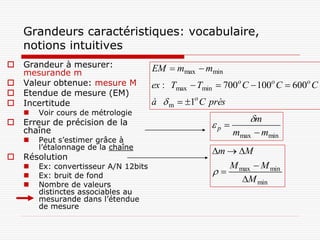 Grandeurs caractéristiques: vocabulaire,
    notions intuitives
   Grandeur à mesurer:                EM  mmax  mmin
    mesurande m
   Valeur obtenue: mesure M           ex : Tmax  Tmin  700o C  100o C  600o C
   Etendue de mesure (EM)
   Incertitude                        à  m  1o C près
       Voir cours de métrologie
   Erreur de précision de la                                    m
                                                      p 
    chaîne                                                   mmax  mmin
       Peut s’estimer grâce à
        l’étalonnage de la chaîne
                                                      m  M
   Résolution
       Ex: convertisseur A/N 12bits                     M max  M min
       Ex: bruit de fond                             
                                                            M min
       Nombre de valeurs
        distinctes associables au
        mesurande dans l’étendue
        de mesure
 