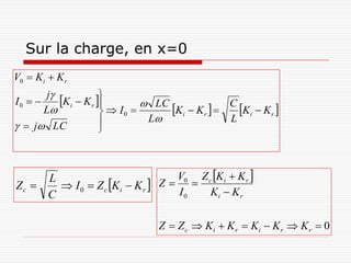 Sur la charge, en x=0
V0  Ki  K r
       j
I0      Ki  K r 
                              LC
      L               I0       Ki  K r   Ki  K r 
                                                 C
                              L                L
  j LC            



                                 V   Z K  K r 
        I 0  Z c Ki  K r 
     L                         Z 0  c i
Zc 
     C                           I0    Ki  K r


                                Z  Z c  Ki  K r  Ki  K r  K r  0
 