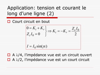 Application: tension et courant le
long d’une ligne (2)
 Court circuit en bout
          0  Ki  K r                 Zc I0
                         Ki   K r 
          Zc I0  0                     2


          I  I 0 sin(x )

 A /4, l’impédance vue est un circuit ouvert
 A /2, l’impédance vue est un court circuit
 
