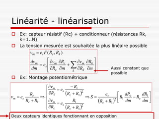 Linéarité - linéarisation
 Ex: capteur résistif (Rc) + conditionneur (résistances Rk,
  k=1..N)
 La tension mesurée est souhaitée la plus linéaire possible
          vm  es F ( Rc , Rk )
                    vm Rc          vm Rk 
                                  
          dvm
               es                          
          dm        Rc m
                                 k
                                      Rk m 
                                                      Aussi constant que
                                                      possible
 Ex: Montage potentiométrique

                   vm          Rc
                   R  es R  R 2
           Rc      1                             es         dRc     dR 
v m  es                               S                       Rc 1 
                               c     1
                                                              R1
                                                             dm
         Rc  R1   vm
                         es
                                 R1           Rc  R1 2            dm 
                   Rc
                            Rc  R1 2
Deux capteurs identiques fonctionnant en opposition
 