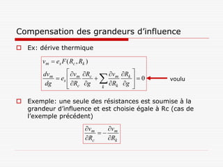 Compensation des grandeurs d’influence
 Ex: dérive thermique

        vm  es F ( Rc , Rk )
                  vm Rc          vm Rk 
                                
        dvm
             es                          0   voulu
         dg       Rc g
                               k
                                    Rk g 

 Exemple: une seule des résistances est soumise à la
  grandeur d’influence et est choisie égale à Rc (cas de
  l’exemple précédent)

                           vm    vm
                               
                           Rc    Rk
 