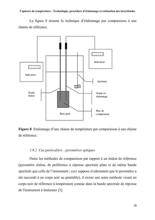 Capteurs de température : Technologie, procédure d’étalonnage et estimation des incertitudes
28
La figure 8 résume la technique d’étalonnage par comparaison à une
chaine de référence.
Figure 8: Etalonnage d’une chaine de température par comparaison à une chaine
de référence.
1.9.2. Cas particuliers : pyromètres optiques
Outre les méthodes de comparaison par rapport à un étalon de référence
(pyromètre étalon, de préférence à réponse spectrale plate et de même bande
spectrale que celle de l’instrument ; ceci suppose évidemment que le pyromètre a
été raccordé à un corps noir au préalable), il existe une autre méthode visant un
corps noir de référence à température connue dans la bande spectrale de réponse
de l'instrument à étalonner [3].
 