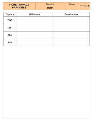 FICHE TRAVAUX               Discipline       Classe
                                                           FTP n° 5
     PRATIQUES                 MSMA

Capteur            Référence                Constructeur

 7 SP


  D1


 3B1


 7S0
 