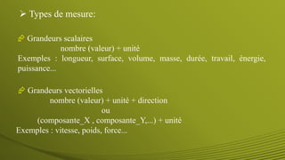  Grandeurs vectorielles
nombre (valeur) + unité + direction
ou
(composante_X , composante_Y,...) + unité
Exemples : vitesse, poids, force...
 Types de mesure:
 Grandeurs scalaires
nombre (valeur) + unité
Exemples : longueur, surface, volume, masse, durée, travail, énergie,
puissance...
 