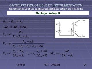 CAPTEURS INDUSTRIELS ET INSTRUMENTATION
     Conditionneur d’un capteur passif:Correction de linéarité
                            Montage push-pull


Rc10 = Rc 20 = Rc 0
- ∆Rc1 = ΔRc 2 = ∆Rc
             Rc 2
Vm = es
        Rs + Rc1 + Rc 2
                 Rc 0 + ∆Rc
Vm = es
        Rc 0 - ∆Rc + Rs + Rc 0 + ∆Rc
        Rc 0 + ∆Rc          Rc 0 + ∆Rc              ∆Rc
Vm = es             Vm = es             ∆Vm = es
        2 Rc 0 + Rs         2 Rc 0 + Rs          2 Rc 0 + Rs

            12/01/13               FSTT TANGER                   24
 
