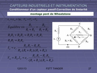 CAPTEURS INDUSTRIELS ET INSTRUMENTATION
  Conditionneur d’un capteur passif:Correction de linéarité
                        montage pont de Wheatstone

es = es 0 + ∆es Vm = VA − VB

              R2      R4
Equilibre ⇔        =
            R1 + R2 R3 + R4
R3 R2 + R4 R2 = R1 R4 + R4 R2
R3 R2 = R1 R4
                   R2 .R3 − R1.R4
I d = es .
             Rd .( R1 + R2 ).( R3 + R4 )
                        R2 .R3 − R1.R4
Vm = Rd .I d = es .
                    ( R1 + R2 ).( R3 + R4 )

         12/01/13                      FSTT TANGER            27
 