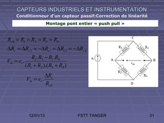 CAPTEURS INDUSTRIELS ET INSTRUMENTATION
     Conditionneur d’un capteur passif:Correction de linéarité
                       Montage pont entier « push pull »


Rc 0 = R1 = R2 = R3 = R4
∆Rc = ∆Rc 2 = − ∆Rc1 = ∆Rc 3 = − ∆Rc 4
              R2 .R3 − R1.R4
Vm = es .
          ( R1 + R2 ).( R3 + R4 )
                    ∆Rc
          Vm = es .
                    Rc 0




            12/01/13                FSTT TANGER                  31
 