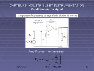 CAPTEURS INDUSTRIELS ET INSTRUMENTATION
                Conditionneur du signal




              Amplificateur non inverseur

                                  R2 
                  Vm = es ( m ) .1 + 
                                  R 
                                     1 
   12/01/13               FSTT TANGER       37
 