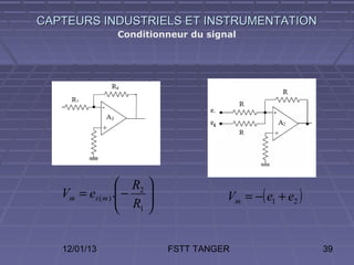 CAPTEURS INDUSTRIELS ET INSTRUMENTATION
                Conditionneur du signal




                   R2 
   Vm = es ( m ) . − 
                   R                Vm = −( e1 + e2 )
                     1 




   12/01/13                 FSTT TANGER                   39
 