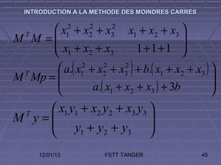 INTRODUCTION A LA METHODE DES MOINDRES CARRES


       x + x + x x1 + x2 + x3 
                  2   2    2
M M =
   T
       x +x +x
                  1   2    3
                                          
                                          
       1 2 3                 1+1+1 
        a.( x12 + x2 + x3 ) + b.( x1 + x2 + x3 ) 
                     2     2
M Mp = 
 T
       
                                                  
                                                  
                 a.( x1 + x2 + x3 ) + 3b         
     x1 y1 + x2 y2 + x3 y3 
M y=
   T
     y +y +y               
                            
           1    2    3     
       12/01/13           FSTT TANGER             45
 