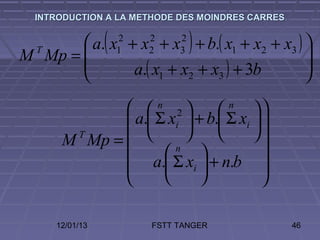 INTRODUCTION A LA METHODE DES MOINDRES CARRES



M Mp = 
  T              (   2
                     1
                         2
                         2
                              2
                              3   )
        a. x + x + x + b.( x1 + x2 + x3 ) 
                                           
              a.( x1 + x2 + x3 ) + 3b     
                                          

                n 2          n
                                      
               a. Σ xi  + b. Σ xi  
       M Mp =
        T                         
                    n                
               a. Σ xi  + n.b 
                                     

      12/01/13           FSTT TANGER              46
 