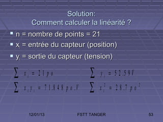 Solution:
        Comment calculer la linéarité ?
 n = nombre de points = 21
 xi = entrée du capteur (position)
 yi = sortie du capteur (tension)

 ∑   xi = 21 po                     ∑    y i = 5 2 .5 9 V
 ∑   x i y i = 7 1 .8 4 8 p o . V   ∑   x i = 2 8 .7 p o
                                          2                 2




       12/01/13                 FSTT TANGER                     53
 