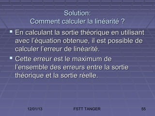 Solution:
       Comment calculer la linéarité ?
 En calculant la sortie théorique en utilisant
  avec l’équation obtenue, il est possible de
  calculer l’erreur de linéarité.
 Cette erreur est le maximum de
  l’ensemble des erreurs entre la sortie
  théorique et la sortie réelle.



      12/01/13        FSTT TANGER            55
 