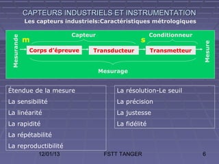 CAPTEURS INDUSTRIELS ET INSTRUMENTATION
             Les capteurs industriels:Caractéristiques métrologiques

                            Capteur                      Conditionneur
 Mesurande



             m                                     s




                                                                         Mesure
              Corps d’épreuve      Transducteur          Transmetteur


                                      Mesurage


Étendue de la mesure                       La résolution-Le seuil
La sensibilité                             La précision
La linéarité                               La justesse
La rapidité                                La fidélité
La répétabilité
La reproductibilité
                 12/01/13              FSTT TANGER                       6
 